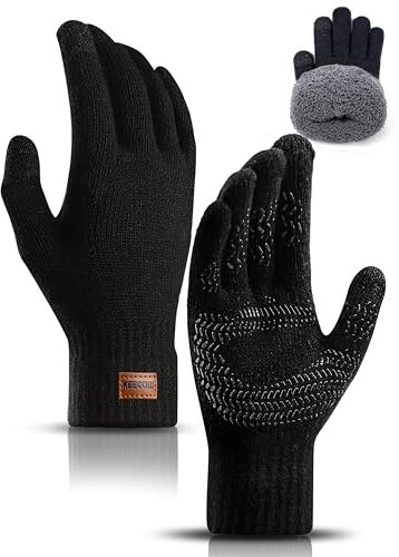 Bobelle Handschuhe Herren, Winterhandschuhe Damen Thermo Warme Fleece, rutschfeste Strickhandschuhe Touchscreen für Outdoor Sport(Schwarz)