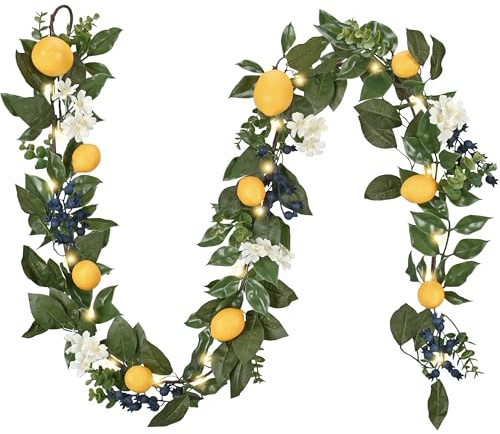 Valery Madelyn 6ft Pre-Lit Lemon Garland with Greenery, Thin Spring Summer Garland for Mantle with Lights, Artificial Fruit Vine for Stairs Fireplace Table, Farmhouse Kitchen Home Wall Party Decor