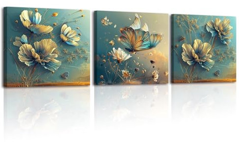 PIY PAINTING Stampa su tela di Fiori e farfalle eleganti, Pittura Fiore Dipinto Art Poster da Parete Immagine Quadro su Tela per Camera Da Letto Bagno Sala yoga, Set da 3, 30x30cm Cornice Incorporata