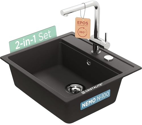 SCHOCK Set aus schwarzer Spüle Nemo N-100 Nero und Küchenarmatur Epos Festauslauf Edelstahl – Pflegeleichte, robuste Quarzkomposit-Oberfläche