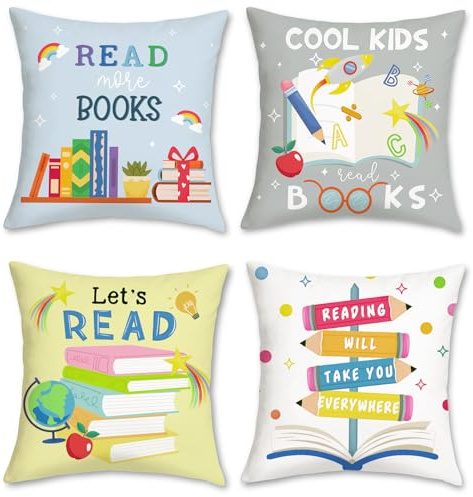 Bonhause Books Cushion Covers 45 x 45 cm Colorful Pencils School Decorative Throw Pillow Covers for Sofa Couch Bed Home Library Classroom Reading Corner Decor Set of 4