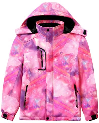 GQDSZ Girl's Waterproof Ski Jacket, Warm Fleece Lined Winter Snow Windproof Jackets, Hooded Ski Coat, Galaxy Pink, 8-9