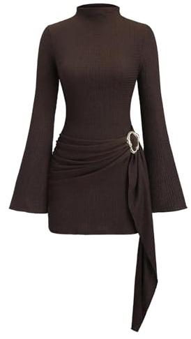 Milumia Women's Textured Mock Neck Metal Cinched Waist Long Bell Sleeve Dress Ruched Bodycon Party Club Mini Dress Coffee Small
