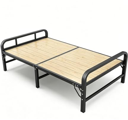 Hopfällbar sängram med spjälor av massivt trä, ingen montering krävs Bärbar säng, hopfällbar gästsäng, robust stålramssäng for små utrymmen(100x190cm)
