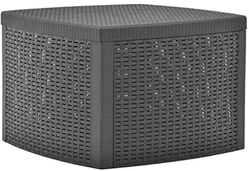 Mhdvray Table d'Appoint de Jardin avec Coffre de Rangement, Table Basse Extérieure en Polypropylène Aspect Rotin Plat, Meuble de Balcon et Terrasse Pratique, Anthracite, 54 x 54 x 36,5 cm