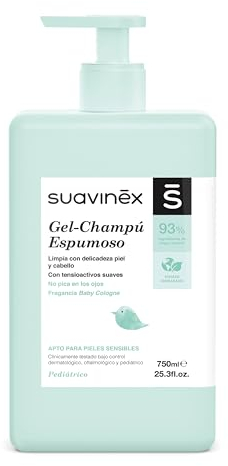 Suavinex, Gel - Baño Espumoso para Bebés, Champú para Piel y Cabello, Sin Jabón, Apto Pieles Sensibles y Recién Nacidos, No Pica en los Ojos, 92% Ingredientes Origen Natural, con Prebiótico, 750 ml
