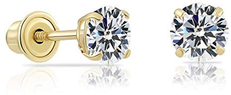 14k Yellow Gold Solitaire Round Cubic Zirconia Stud Earrings Screw-back 4mm