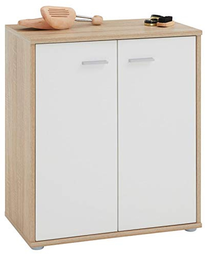 IDIMEX Meuble à Chaussures Olympe, Commode Meuble de Rangement avec 2 Portes avec 4 tablettes intérieures, en mélaminé décor chêne Sonoma et Blanc Mat