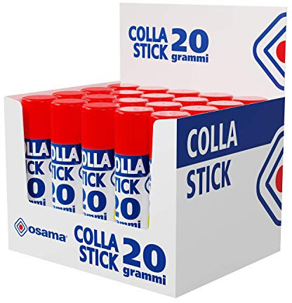 Osama - Colle Forte Stick Extra Adhésive, 20 Bâtons, 20 gr - Set Colles sans Solvants pour Papeterie Bureau et Fourniture Scolaire - Résistante et sans Grumeaux sur Papier et Carton, Sûre pour Enfants