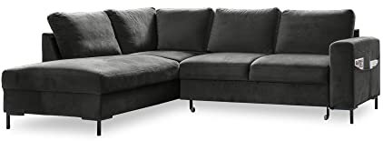 MIUFORM Ecksofa mit Schlaffunktion, Lofty Lilly Wohnlandschaft L-Form, Couch L Form Wohnladschaft mit Schlaffunktion Schlafcouch, Samt-Stoff Metallfüße (Dunkelgrau, Links ausgerichtet)