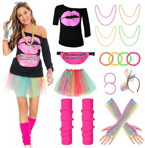 Herefun 80er 90er Jahre Kostüm Damen, Outfit 80er 90er Jahre Damen Karneval Retro Party Kostüm, 80er Jahre Mottoparty Tutu mit T-Shirt Bauchtasche Ohrring Halskette Netzhandschuhe