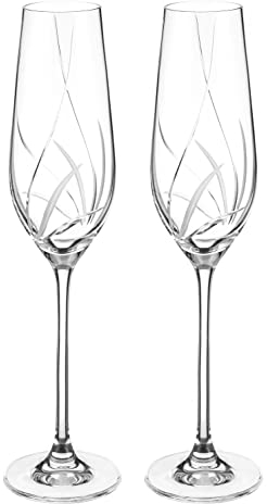 DIAMANTE Champagne Flutes Prosecco Glasses Pair with Meadow Hand Cut Design - Set of 2 Crystal Champagne Glasses in a Gift Box