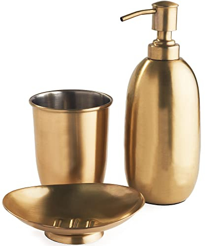 OurHouse Three Piece Bathroom Caddy Set, Accessories Toothbrush Holder, Easy Fill Handwash Lotion Soap Dispenser and Soap Dish, Stylish Colours, Easy Clean, Modern & Clean Suits Any Bathroom (Brass)