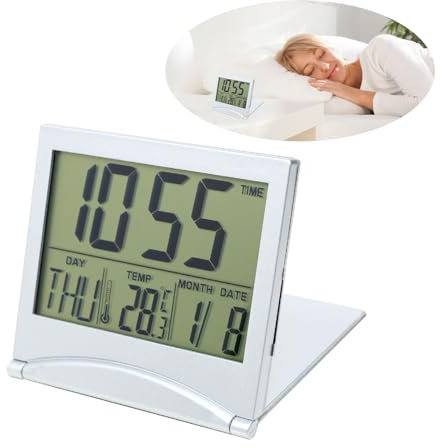 Digital Travel Alarm Clock with LCD Display, Foldable Desk Top Clock with Day, Date and Temperature Indication, Battery Operated Small Digital Alarm Clock for Table, for Travel Home Use, Silver