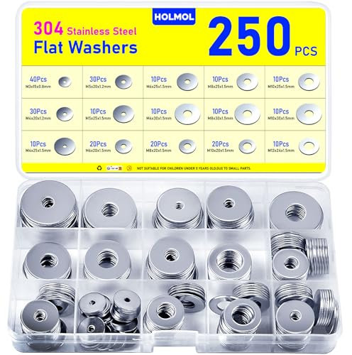 Washers 250 PCS, HOLMOL Flat Penny Washers, Stainless Steel Washer for Screws & Bolts with 15 Sizes M3 M4 M5 M6 M8 M10 M12, Flat Metal Washer Assorted