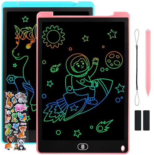Damcyer Tablette D'écriture LCD 12 Pouces-2 Pack,LCD Tablette Dessin avec Ecran Coloré,Bloc D'écriture Effaçable avec des Autocollants D'animaux,pour Garçons et Filles de 3 4 5 6,Bleu + Rose