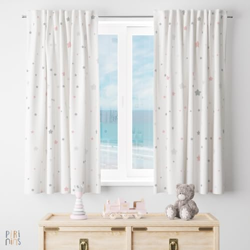 Pirinins Cortinas 2 Paños 100% Algodon Organico Decoracion Cuarto Infantil Bebe Hipoalergenico Industria España (Estrella Rosa)