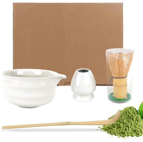 KQWVZ Matcha Set, 4 Pezzi Matcha Kit, Set da Tè Matcha con Frusta Matcha, Ciotola Matcha in Ceramica, Matcha Whisk Set, Set Matcha Cerimoniale Giapponese, Set Di Matcha Completo, Il Miglior Regalo