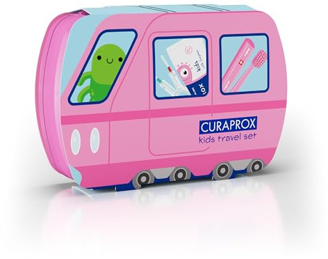 Curaprox Kids Travel Set – Toothbrush, Toothpaste & Interdental Brushes | Ultra-Soft Curen® Filaments | Compact Travel Set for Children (Pink) | Made in Switzerland