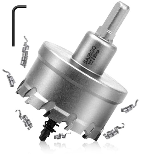SAIBOO Lochsäge Hartmetall-Bohrer, TCT-Metall Lochsäge Bohrer TCT-Bohrer-Lochsägen mit Zentrierbohrer für Löchern in Edelstahl, Baustahl, Legierung, Eisen, Aluminium, Kupfer, Messing (60 mm)