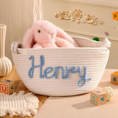 HDLOVE Personalized Handmade Baby Basket, Custom Name Cotton Rope Storage Organizer for Newborn Boys/Girls, Nursery Decor Toy Laundry Bin with Braided Handle, Shower Gift(Large: 11.02x7.09inch)