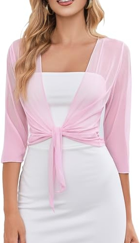 Avidlove Womens Shrug Sheer Tie Front 3/4 Sleeve Cropped Cardigan Mesh Bolero Lightweight Shrug for Dressy Pink Large