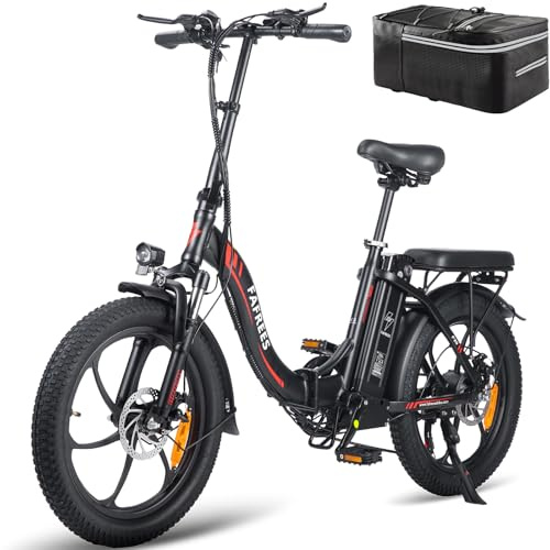Fafrees Electric Bike for Adults with 36V/16Ah Removable Battery, 20×3.0 Fat Tire Folding Electric Bike with 130km Max Range, 7-Speed Gear, LCD Display City Commuter Ebike, Black, Rear Seat Bag