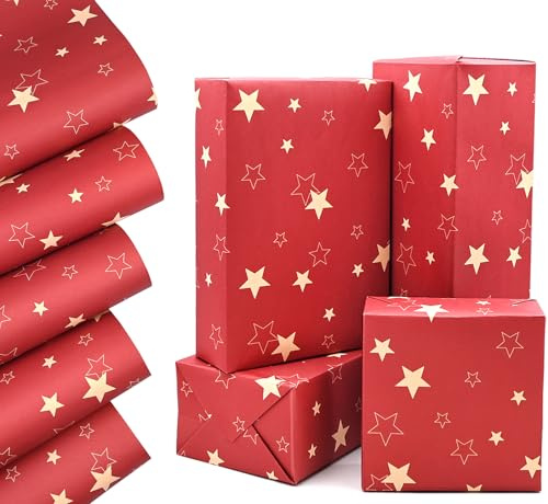 QRTDXP 50 x 70 cm Red Christmas Wrapping Paper, 5pcs Recyclable Kraft Paper Sheets Printed With Exquisite Star,Suitable for Christmas Celebrations