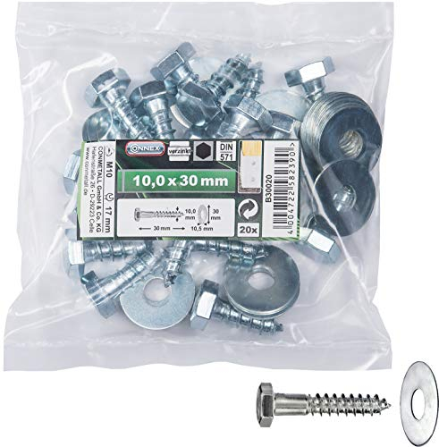 Connex B30020 Lot de 20 vis à bois hexagonales avec empreinte hexagonale extérieure, galvanisées, pour tous les raccords en bois, 10 x 30 mm