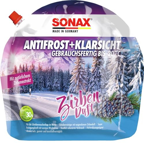 SONAX AntiFrost+KlarSicht Zirbe Gebrauchsfertig bis -20°C (3 Liter) schneller, schlierenfreier & effektiver Scheibenreiniger für den Winter | Art-Nr. 01314410