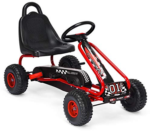 HONEY JOY Go Kart for Kids, 4 Wheel Pedal Powered Go Cart with Steering Wheels & Adjustable Seat, Safety Hand Brake, Non-Slip Tires, Outdoor Off-Road Racer Ride On Pedal Car for Boy Girl (Red)