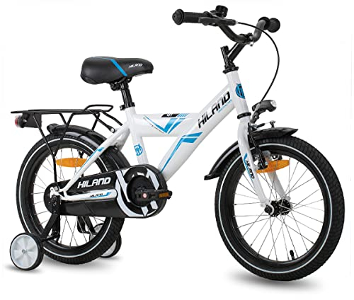 HILAND 18 Zoll Jungen Kinderfahrrad für Jungen ab 5 Jahren mit Rücksitz/Gepäckträger, Handbremse und Rücktritt weiß/blau