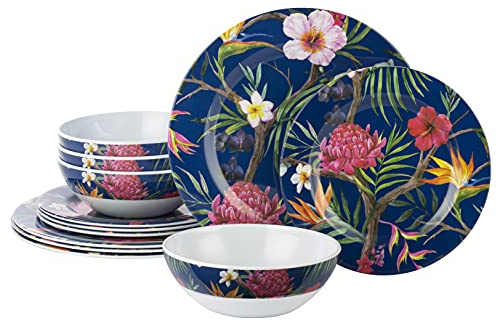 Waterside - 12 Piece Tropical Melamine Plastic Dinner Set