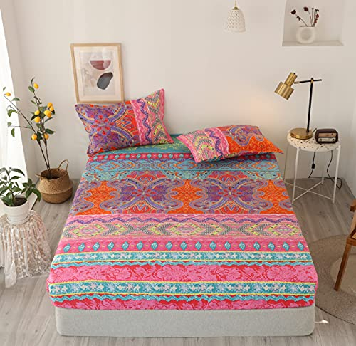 Damier Bohemian Spannbettlaken 140x200cm Indisch Mandala Muster Spannbetttuch Weiche Mikrofaser Boxspringbett Bettlaken geeignet für Matratzen von 30cm