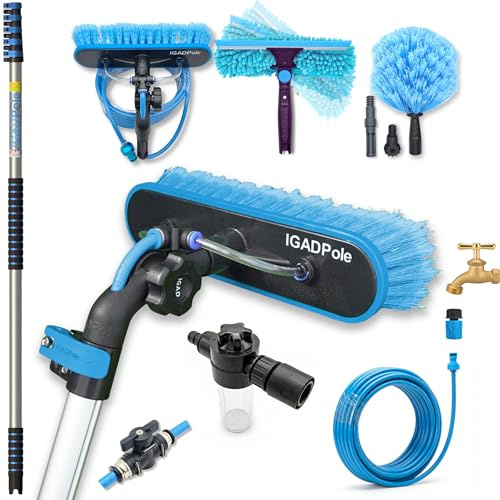 20ft Telescopic Water-Fed Window Cleaning Pole Kit — Extendable Reach Cleaner with Brush, Squeegee, Cobweb Duster & Soap Dispenser — Solar Panel, Conservatory, Gutter & High Window Cleaning System