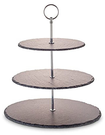 ECHTWERK Etagère/plateau de service pour pâtisseries, fruits, fromages et desserts en ardoise naturelle avec 3 niveaux et poignée métallique, édition argent, Ø ardoises env. 20/25/ 30 cm, faïence
