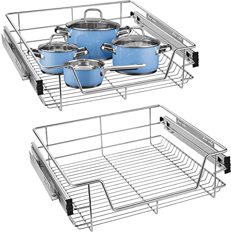 AufuN 2x Küchenschublade 60cm, Teleskopschublade Vollauszug Küchenschrank Schrankauszug Schlafzimmerschränke Belastbar Korbauszug Haushalt Küchenregal- 2 Stück für 57cm（Innenbreite） Schrankbreite