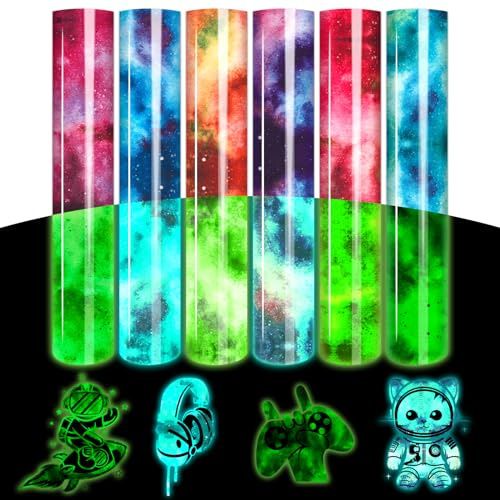 Tintnut Glow in Dark HTV Heat Transfer Vinyl - 12x10 inch 6 Sheets Luminous Color Changing Iron on Vinyl Galaxy HTV Vinyl for T-Shirts DIY Compatible with Cricut or Silhouette Cameo…, Blue