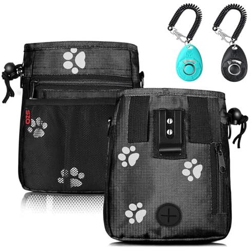 Dog Treat Pouch - 3 Ways to Wear Treat Pouches for Pet Training and 2 Pieces Clicker Taining for Dogs, Dog Training Treat Pouch Bag and Dog Clicker for Training with Waist Belt Shoulder Strap - Paws
