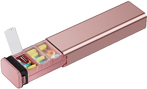Tablettenbox 7 Tage,Kursoaya Tägliche Pillendose für 7 Tage, Hochwertiges Aluminium，Pillenbox für Vitamine, Medikamente, Nahrungsergänzungsmittel (Rosegold)