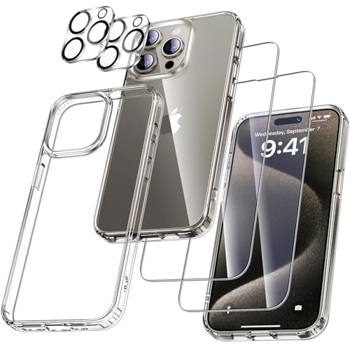 UniqueMe für iPhone 15 Pro Hülle, 5-in-1-Set Handyhülle für iPhone 15 Pro Case Rundumschutz Schutzhülle Cover, 1 Handyhülle & 2 Schutzfolie & 2 Kameraschutz - Transparent