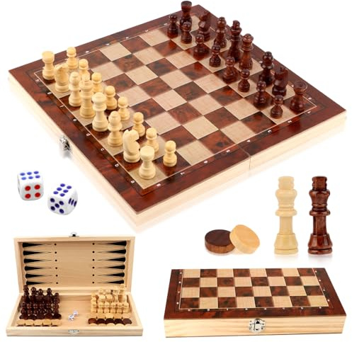 Talifoca 3 en 1 Jeu D'échecs Portable Pliable en Bois - Échiquier pour Enfants et Adultes, Idéal pour Voyages (29×29cm)