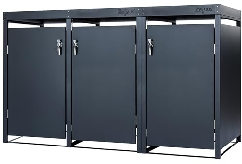 Zelsius Mülltonnenbox 3er mit Pflanzdach für 3 Tonnen | 120-240 Liter | Anthrazit RAL 7016 | inkl. Erweiterungsmöglichkeit | Mülltonnenhäuschen, Müllboxen, Mülltonnenbox 3 Tonnen | Sichtschutz