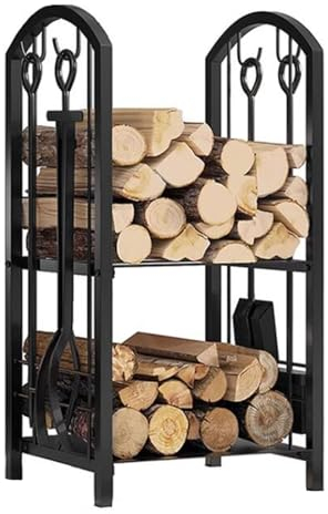 Set di strumenti per caminetto Rack per interni all'aperto, Kit di attrezzi per caminetto per caminetto/stufa, Supporto per attrezzi per caminetto nero con pinze da poker, spazzola e pala