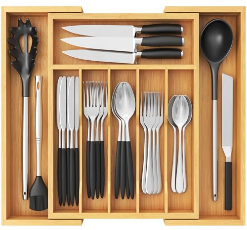 Lifewit Large Bamboo Cutlery Drawer Organiser, Expandable Cutlery Tray for Kitchen Drawers Insert, Wood Utensil Holder Adjustable Storage for Spoons Forks Knives, Natural