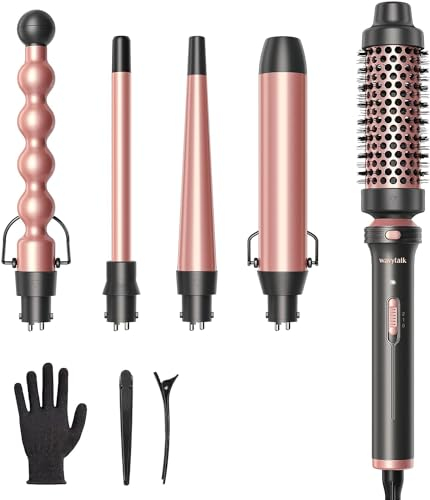 Wavytalk Thermobürste, 5-in-1 Lockenstab Set mit Thermal Brush und 4 austauschbaren Lockenwickler Keramikbeschichtung (13-32 mm), Erwärmung hitzebeständigem Handschuh and 2 Clips, Roségold
