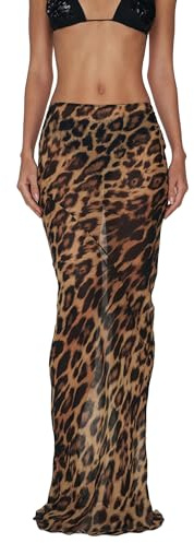 SANSIWU Women Leopard Print Long Skirts Summer Y2k Sheer See Through Bodycon Pencil Skirt Beach Cheetah Maxi Skirts Clubwear (A-01, L)