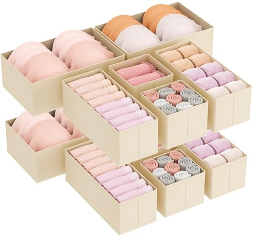 Lifewit 12 Pezzi Organizer Cassetti, Divisori per Cassetti in Tessuto, Organizer Armadio, Scatole Portaoggetti Pieghevole per Abiti, Separatori per Cassetti per Calzini, Cravatte, Cinture, Kaki