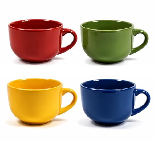 PALUPLUS Set 4 Tazze da Colazione in Porcellana Multicolor + 1 IN OMAGGIO, Capacità 450 ml, Tazze Mug con manico, Lavabili in Lavastoviglie, adatte per Microonde, per Thè, Latte, Caffè Americano -250