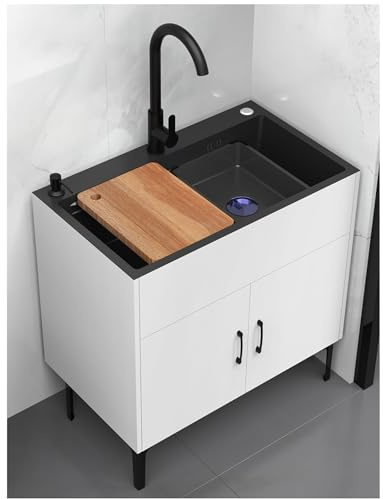 WLCNYL Commercial Kitchen Sink Cabinet With Hot and Cold Pull-Out Faucet - Single Bowl Utility Sink for Garage, Restaurant, Laundry Room (White, 68x40x7)